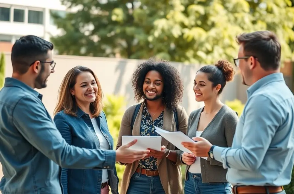 Grupo diversificado de empreendedores brainstormando em um ambiente externo ensolarado.