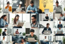 Diversos empreendedores trabalhando em diferentes ambientes.