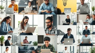 Diversos empreendedores trabalhando em diferentes ambientes.