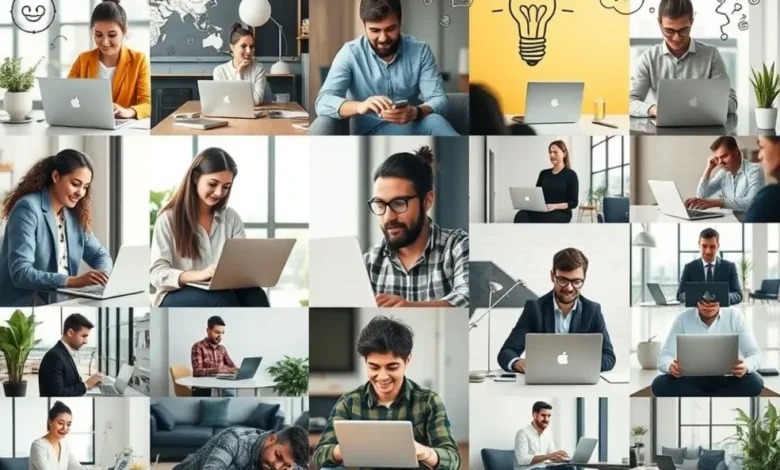 Diversos empreendedores trabalhando em diferentes ambientes.
