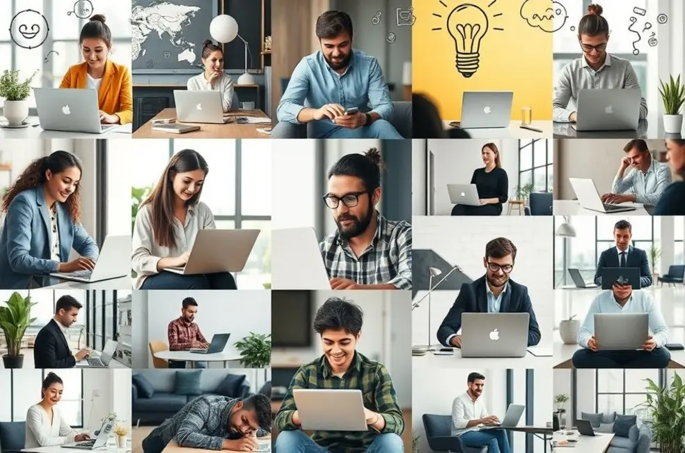 Diversos empreendedores trabalhando em diferentes ambientes.