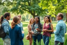 Grupo diversificado de empreendedores discutindo estratégias de crescimento sustentável em um parque.