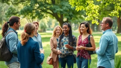 10 Estratégias de Crescimento Sustentável para Empreendedores e Nômades Digitais - Web Nômade Digital Grupo diversificado de empreendedores discutindo estratégias de crescimento sustentável em um parque.