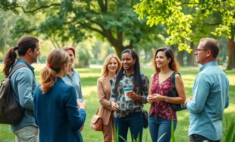 10 Estratégias de Crescimento Sustentável para Empreendedores e Nômades Digitais - Web Nômade Digital Grupo diversificado de empreendedores discutindo estratégias de crescimento sustentável em um parque.