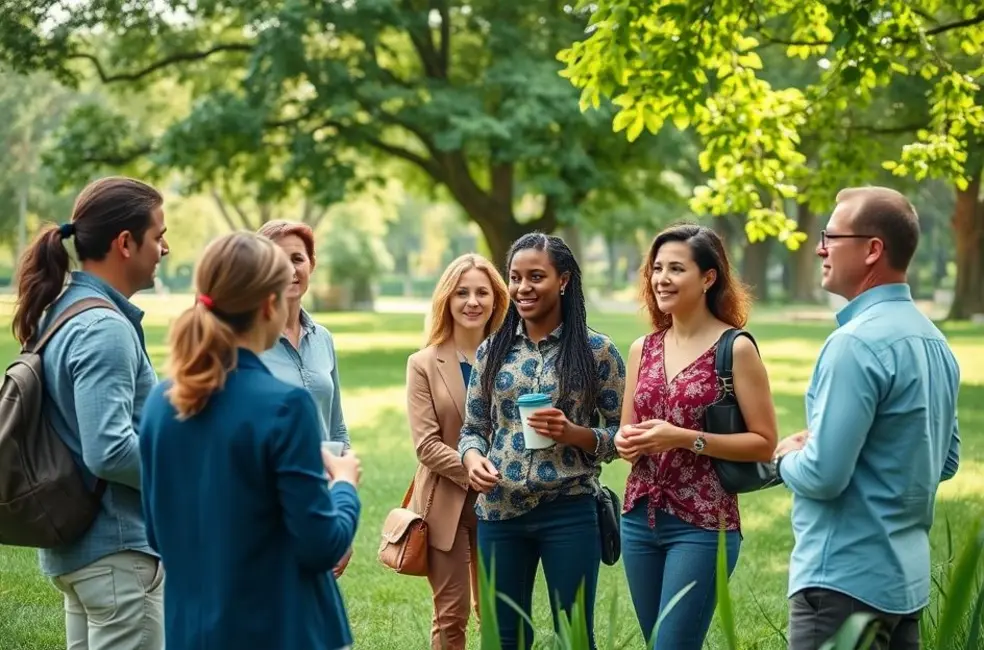 Grupo diversificado de empreendedores discutindo estratégias de crescimento sustentável em um parque.