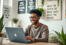 Freelancer concentrado e feliz em seu espaço de trabalho, simbolizando motivação e criatividade.