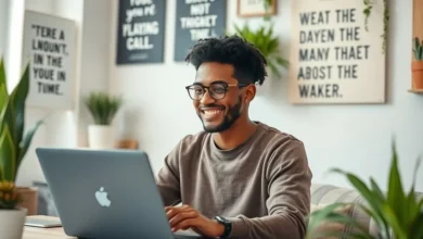 Freelancer concentrado e feliz em seu espaço de trabalho, simbolizando motivação e criatividade.