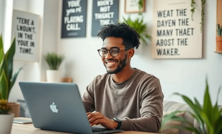 Freelancer concentrado e feliz em seu espaço de trabalho, simbolizando motivação e criatividade.