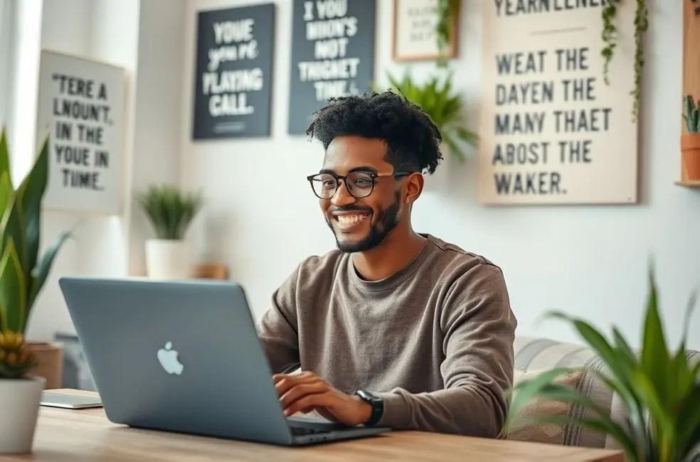 Freelancer concentrado e feliz em seu espaço de trabalho, simbolizando motivação e criatividade.