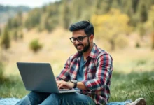 Freelancer trabalhando com um laptop na natureza