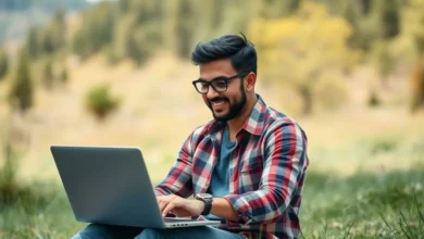 Freelancer trabalhando com um laptop na natureza