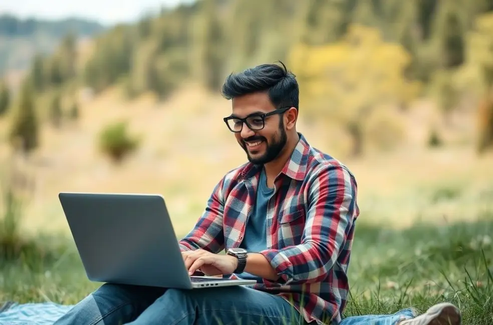 Freelancer trabalhando com um laptop na natureza