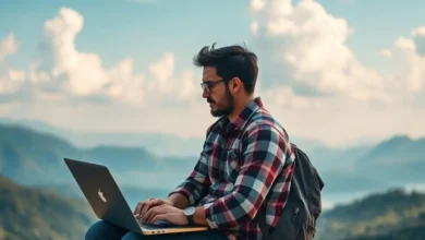 Nômade digital trabalhando em um laptop em um cenário deslumbrante ao ar livre.
