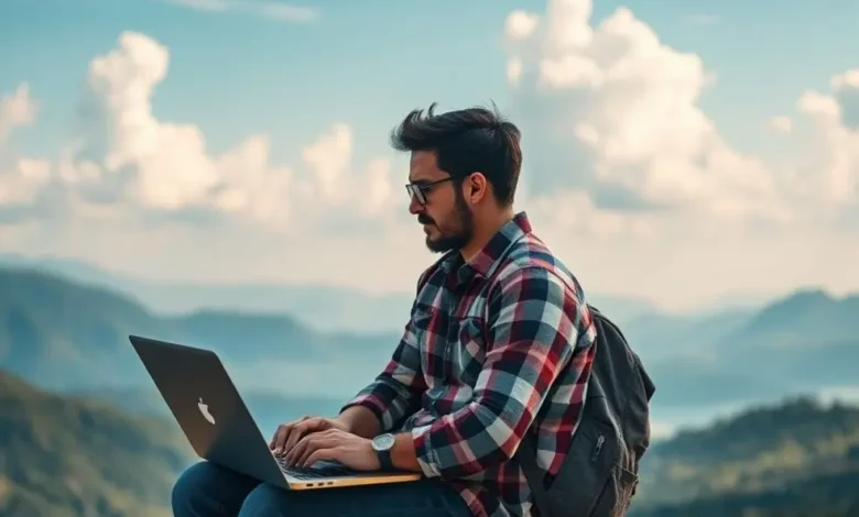Nômade digital trabalhando em um laptop em um cenário deslumbrante ao ar livre.