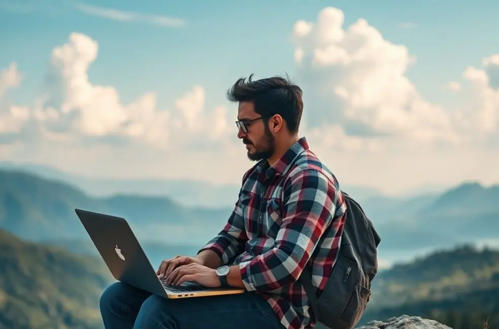 Nômade digital trabalhando em um laptop em um cenário deslumbrante ao ar livre.