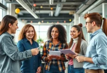 Grupo diversificado de jovens empreendedores discutindo ideias em um ambiente de escritório moderno.