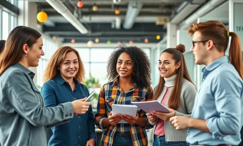 Grupo diversificado de jovens empreendedores discutindo ideias em um ambiente de escritório moderno.