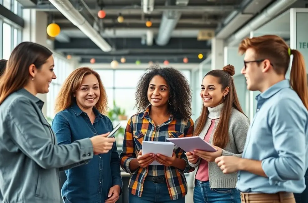 Grupo diversificado de jovens empreendedores discutindo ideias em um ambiente de escritório moderno.