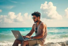 Nômade digital trabalhando na praia com um laptop.