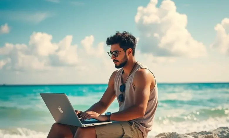 7 Estratégias Infalíveis para Aumentar o Lucro do Seu Negócio em 2024 - Web Nômade Digital Nômade digital trabalhando na praia com um laptop.