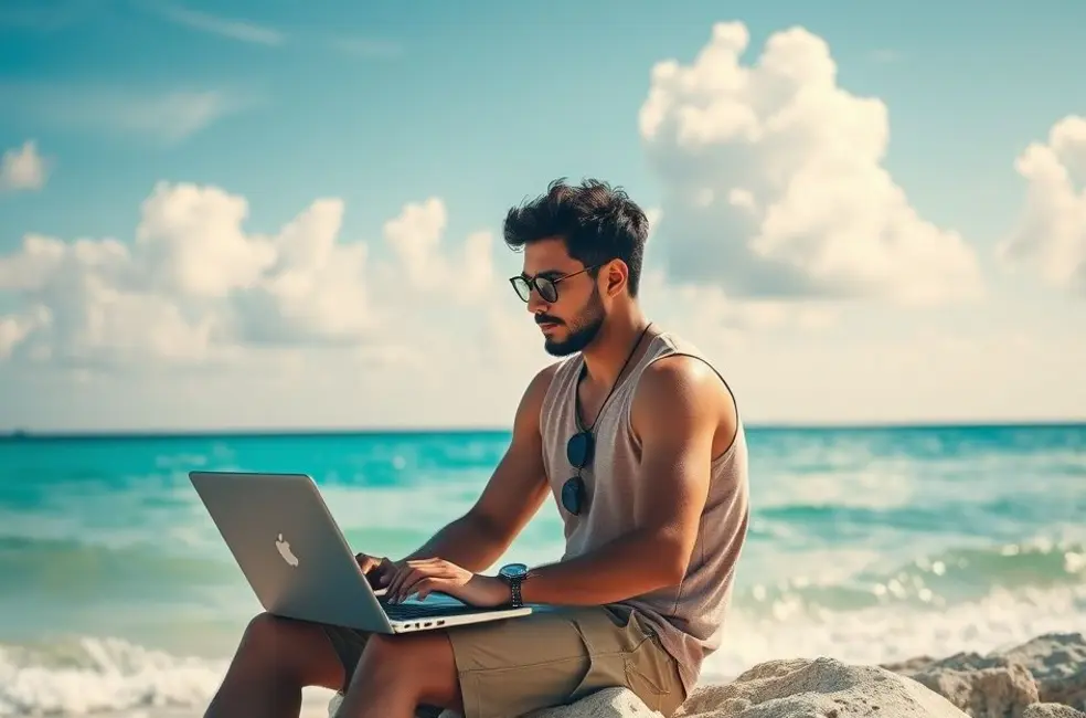 Nômade digital trabalhando na praia com um laptop.