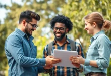 Empreendedores em ambiente ao ar livre discutindo estratégias.