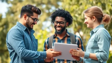 Empreendedores em ambiente ao ar livre discutindo estratégias.