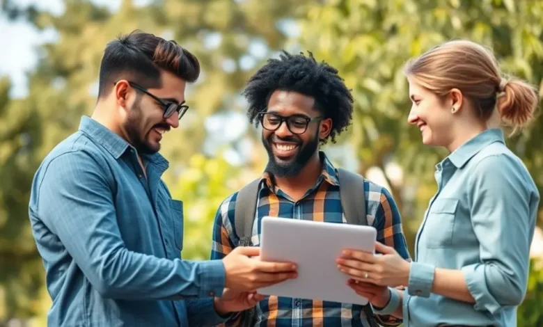 Empreendedores em ambiente ao ar livre discutindo estratégias.
