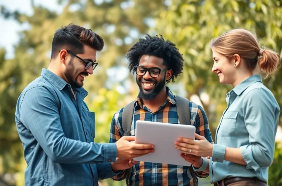 Empreendedores em ambiente ao ar livre discutindo estratégias.