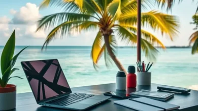 Um espaço de trabalho de nômade digital com laptop e ferramentas de gestão.