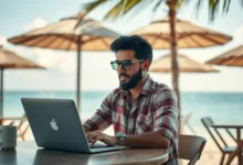 Nômade digital trabalhando em um café de praia.