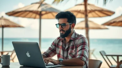 Nômade digital trabalhando em um café de praia.