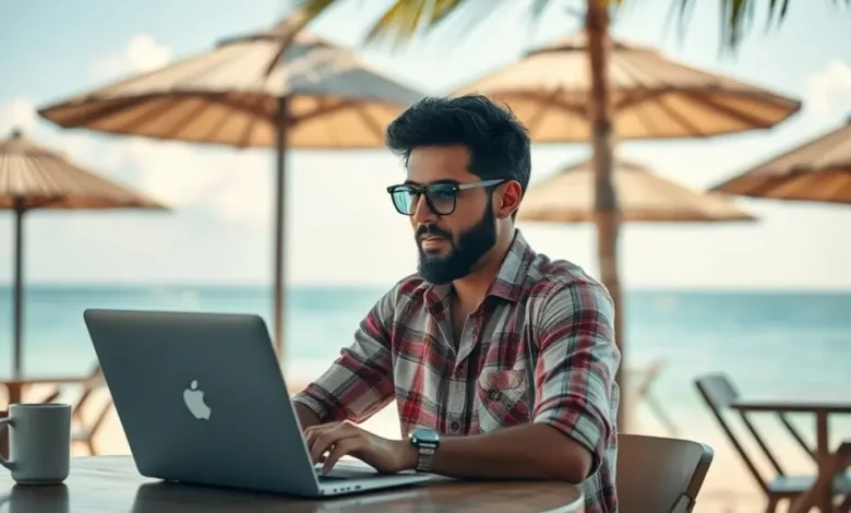 7 Estratégias Eficazes para Aumentar o Lucro do Seu Negócio em 2025 - Web Nômade Digital Nômade digital trabalhando em um café de praia.