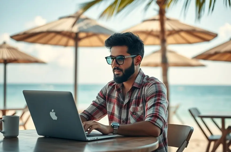 Nômade digital trabalhando em um café de praia.