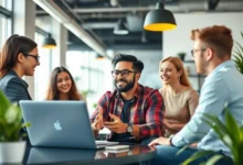 Empreendedores digitais colaborando em um escritório moderno.