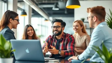 Empreendedores digitais colaborando em um escritório moderno.