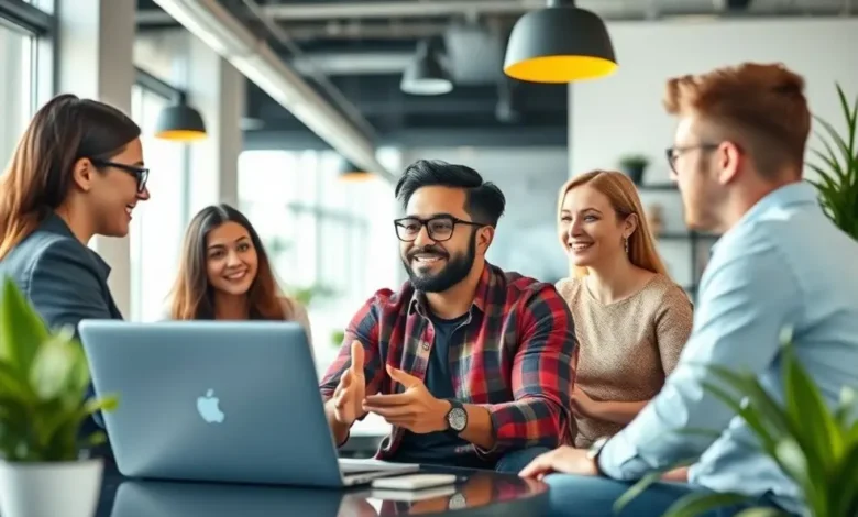 Empreendedores digitais colaborando em um escritório moderno.