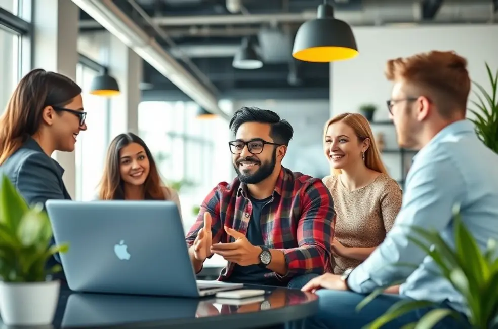Empreendedores digitais colaborando em um escritório moderno.