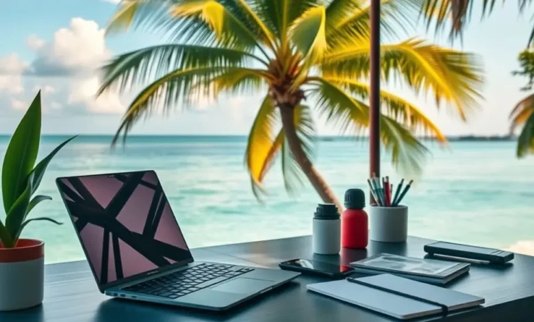Um espaço de trabalho de nômade digital com laptop e ferramentas de gestão.