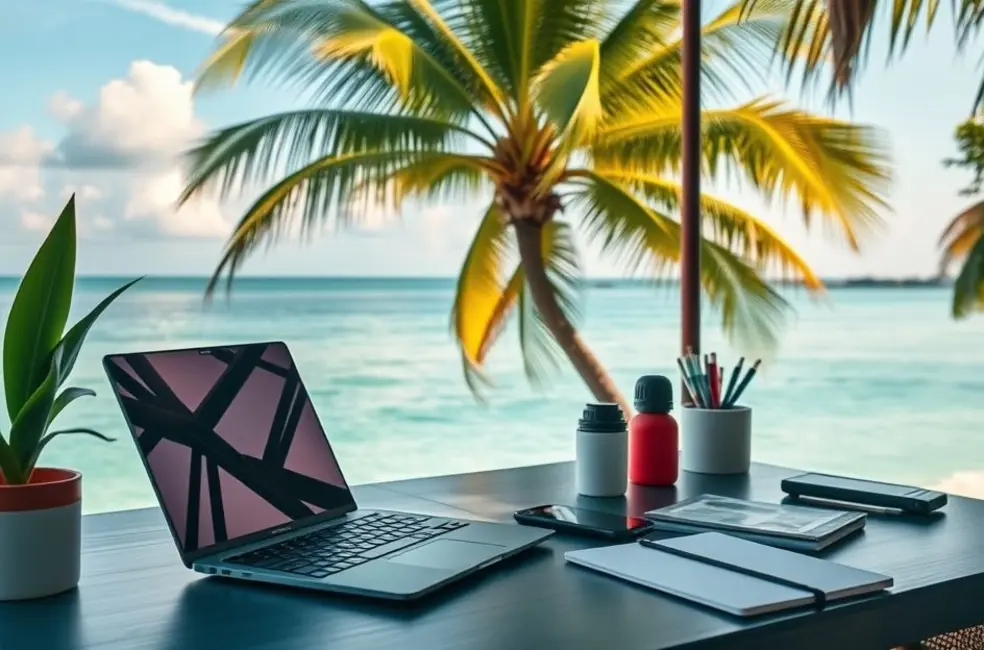 Um espaço de trabalho de nômade digital com laptop e ferramentas de gestão.