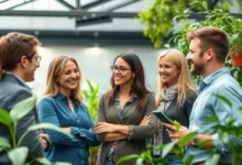 Ambiente de negócios sustentável com pessoas interagindo de forma positiva.