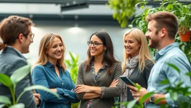 Ambiente de negócios sustentável com pessoas interagindo de forma positiva.