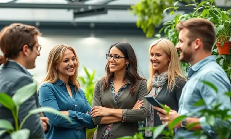 Ambiente de negócios sustentável com pessoas interagindo de forma positiva.