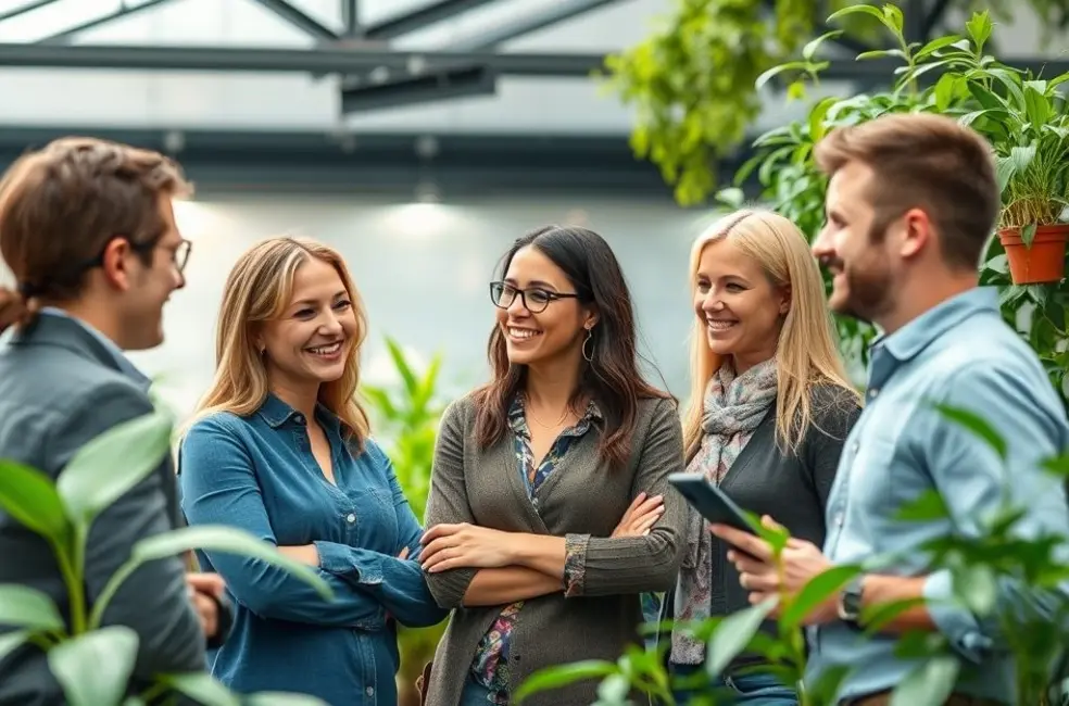 Ambiente de negócios sustentável com pessoas interagindo de forma positiva.