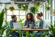 Imagem de empreendedores digitais em um ambiente de trabalho sustentável.