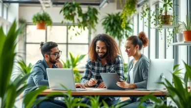 Imagem de empreendedores digitais em um ambiente de trabalho sustentável.