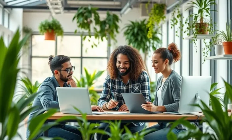 Imagem de empreendedores digitais em um ambiente de trabalho sustentável.
