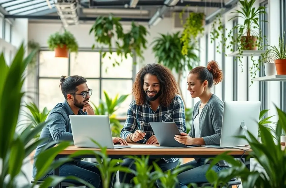 Imagem de empreendedores digitais em um ambiente de trabalho sustentável.