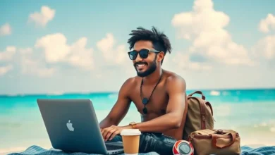 Nômade digital trabalhando em um laptop na praia, simbolizando liberdade e sucesso.