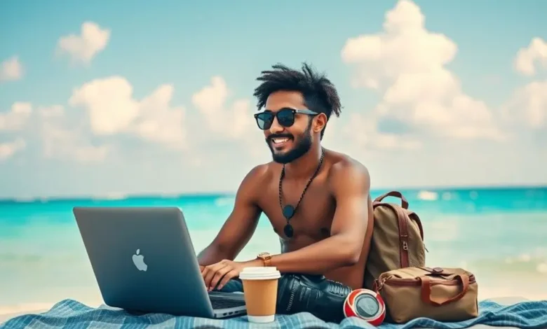 7 Estratégias Lucrativas para Nômades Digitais em 2024 - Web Nômade Digital Nômade digital trabalhando em um laptop na praia, simbolizando liberdade e sucesso.